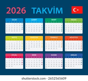 Vector template of color 2026 calendar - Turkish language version - Turkey