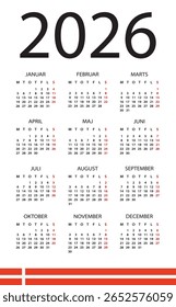 Vector template of color 2026 calendar - Danish language version