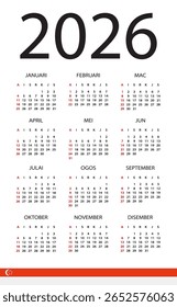 Vector template of color 2026 calendar - Singaporean version