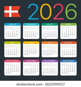 Vector template of color 2026 calendar - Danish language version - Denmark