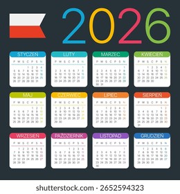 Vector Plantilla de color Calendario 2026 - Versión en polaco - Polonia