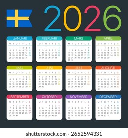 Modelo vetorial do calendário de cores 2026 - versão em língua sueca - Suécia