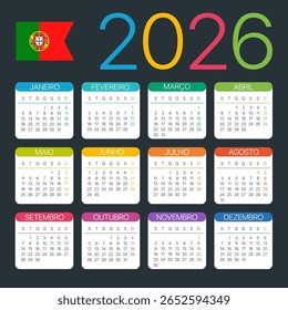 Vector Plantilla de color Calendario 2026 - versión en portugués - Portugal