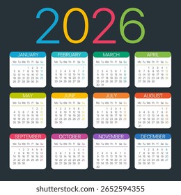 Modelo vetorial do calendário de cores 2026 - de segunda a domingo