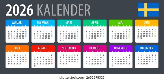 Modelo vetorial do calendário de cores 2026 - versão em língua sueca - Suécia