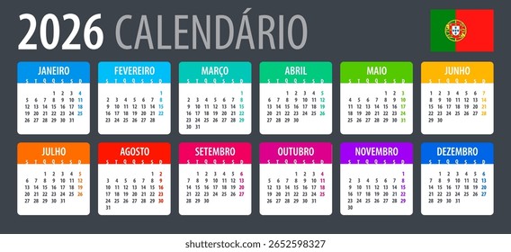 Vector Plantilla de color Calendario 2026 - versión en portugués - Portugal