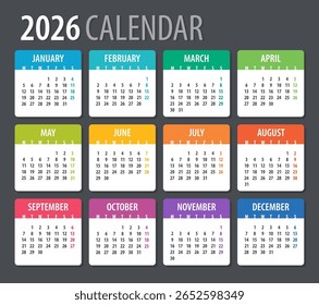 Modelo vetorial do calendário de cores 2026 - de segunda a domingo