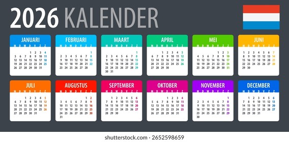 Vector template of color 2026 calendar - Dutch language version - Netherlands