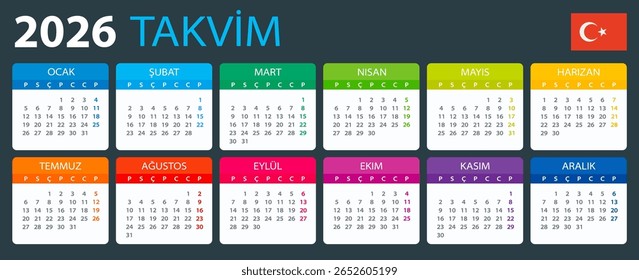 Vector template of color 2026 calendar - Turkish language version - Turkey