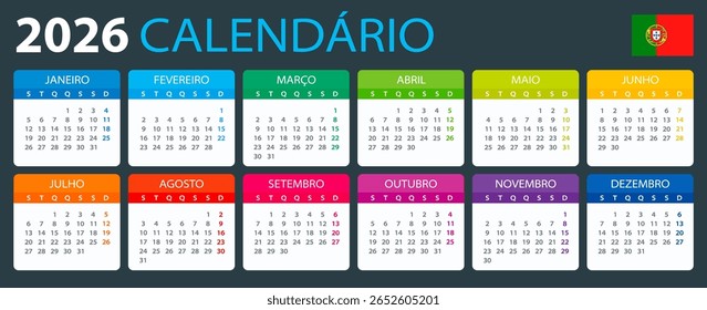 Vector Plantilla de color Calendario 2026 - versión en portugués - Portugal