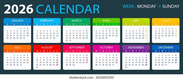 Modelo vetorial do calendário de cores 2026 - de segunda a domingo