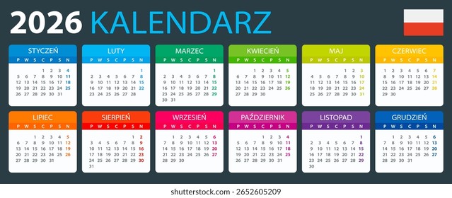 Vector template of color 2026 calendar - Polish language version - Poland