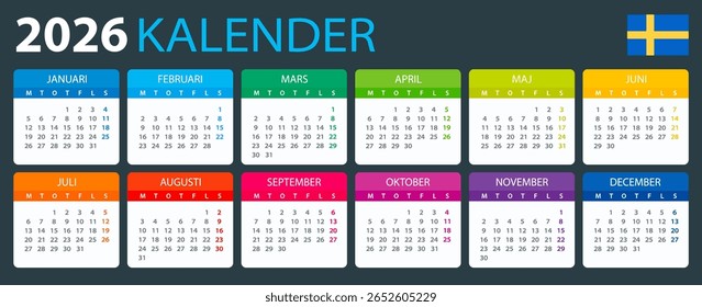 Modelo vetorial do calendário de cores 2026 - versão sueca - Suécia