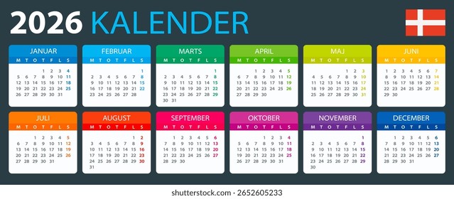 Vector template of color 2026 calendar - Danish language version - Denmark
