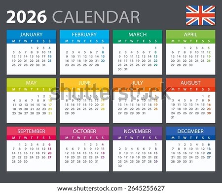 Vector template of color 2026 calendar - English version