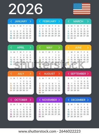 Vector template of color 2026 calendar - English American version