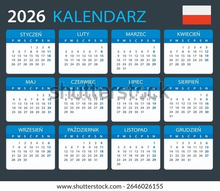 Vector template of color 2026 calendar - Polish version