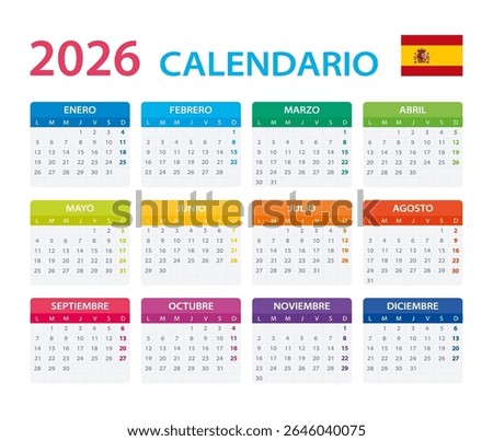 Vector template of color 2026 calendar - Spanish version