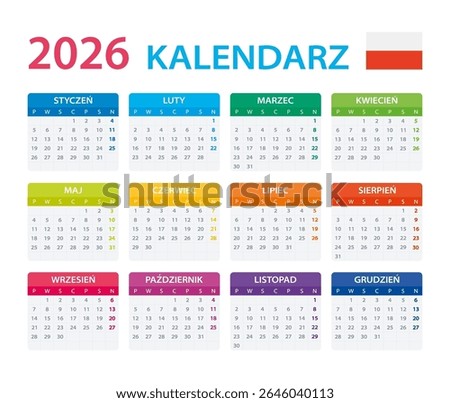 Vector template of color 2026 calendar - Polish version