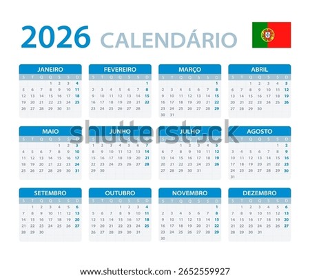 Vector template of color 2026 calendar - Portuguese language version