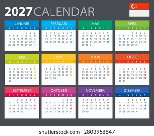 Vector template of color 2027 calendar - Singaporean version