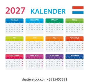 Vector template of color 2027 calendar - Dutch version
