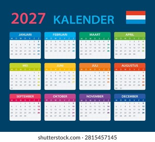 Vector template of color 2027 calendar - Dutch version