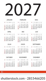 Vector template of color 2027 calendar - Singaporean version