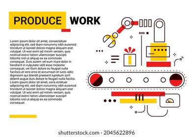 Plantilla vectorial con Ilustración de color de mecanismo complejo de caja de regalo de producción con correa de transporte y brazo de robot. Diseño de estilo de arte de línea de la máquina actual sobre fondo de color blanco con espacio de texto