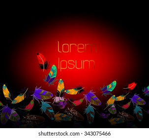 Vector template with colored feathers on the dark red background. The feathers located on bottom side of template.