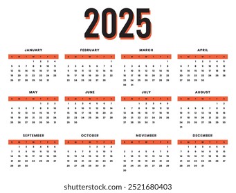 Vector template of colorful 2025 calendar