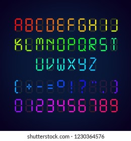 Vector template of colorful digital glowing font. Illustration of alphabet and numerals with punctuation marks isolated on dark background
