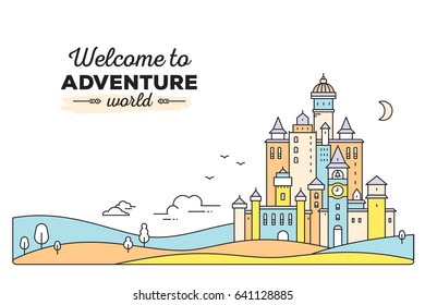 Vector template with colorful illustration of landscape. Castle with tree, cloud on white background with meadow and title. Thin line art design for web, site, advertising, horizontal banner