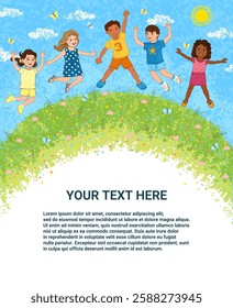 Vector Template with Colorful Textured Illustration of Happy Kids Jumping Outside on Green Grass, with Blue Sky, Sun and White Clouds with a Place for Your Text