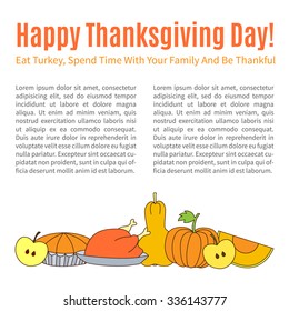 Vector template with colorful Thanksgiving elements and symbols - apples, pumpkins, turkeys, hazelnut and pie - and place for text.Could be used as illustration or background for web and paper.