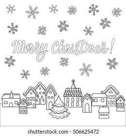 Vector template for coloring pages, Christmas cards, invitations, backgrounds in black and white with handwritten text. 