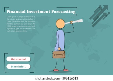 Vector template of concept - Financial Investment Forecasting. Hand drawing illustration of businessman with telescope and case. Modern thin line art horizontal banner