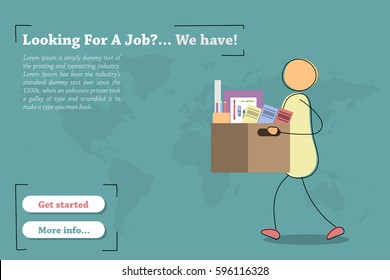 Vector template of concept - Looking for a job. Hand drawing illustration of walking man with office staff in box going to new job. Modern thin line art horizontal banner