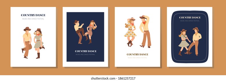 Vector Template For Concert Poster Or Flyer With Dancing Country Couple Cowboy And Cowgirl. Cheerful Couple Dancing Western Dance. Flat Style Posters Set.