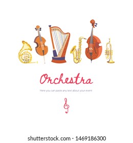 Vector template for a concert poster, musical party, card, flyer or website. Classical musical instruments: french horn, cello, harp, saxophone, double bass (contrabass), trumpet. Isolated objects.