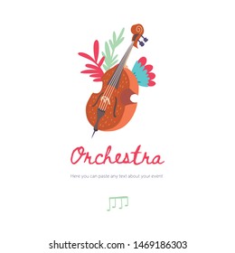 Vector template for a concert poster, musical party, card, flyer or website. Classical musical instrument. Double bass (contrabass) decorated with flowers. Isolated objects.
