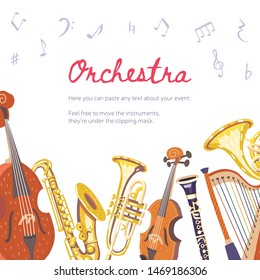 Vector template for a concert poster, musical party, card, flyer or website. Classical musical instruments: french horn, violin, harp, saxophone, double bass (contrabass), trumpet, clarinet.