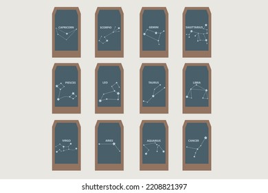 Vector template of constellations of zodiac signs for astrological, esoteric, magical sessions, magical personality research cards. Mystical tarot cards. A set of zodiac signs Aries, Taurus, Leo, Gemi