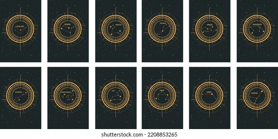 Vector template of constellations of zodiac signs for astrological, esoteric, magical sessions, magical personality research cards. Mystical tarot cards. A set of zodiac signs Aries, Taurus, Leo, Gemi