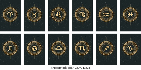 Plantilla vectorial de constelaciones de signos zodiacos para sesiones astrológicas, esotéricas, mágicas, mágicas tarjetas de investigación de personalidad. Cartas místicas de tarot. Un conjunto de signos de zodiaco Aries, Taurus, Leo, Gemi