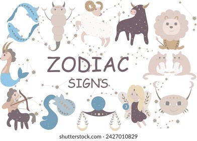 Vector template of constellations of zodiac signs for astrological, esoteric, magical sessions, magic cards for personality research. Mystical Tarot cards. Set of zodiac signs as illustration