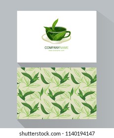 Vector template corporate Business card tea, identity, branding.  Abstract colored background with elements of a decorative design - a stylized mug with tea leaves. Stylish design for tea.