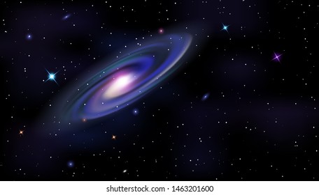 Vector template of Cosmic Galaxy, shining stars on night sky background. Space horizontal background. Colorful galaxy with nebula, planets and star. Futuristic science backdrop, copy space, headline.