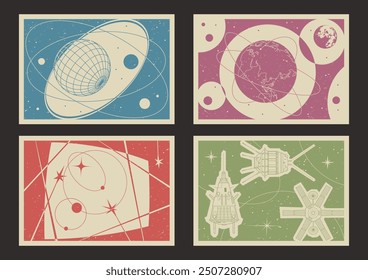 Vector Template for Cosmic Posters, Covers, Illustrations. Retro Space Background. Space Age Probes, Spacecraft Drawings. 1950s - 1960s Colors and Shapes  