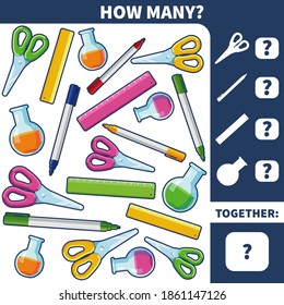 Vector template for counting educational children game. How many objects activity sheet for kids and preschools. Fun task for math learning at online home school for first grade. Count school items. 